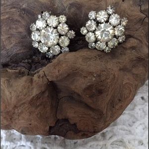 Vintage Judy Lee Silver Tone Glass and Rhinestones Clip On Earrings Jewelry